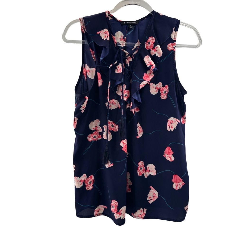 41 Hawthorn Navy Sleeveless‎ Floral Ruffle Blouse Large Boho Cottage Tank Lace